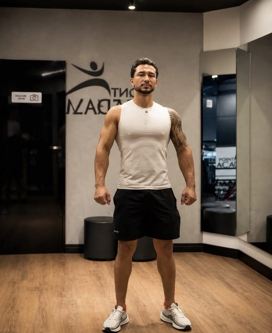 Paulo Henrique em pé na academia, usando camiseta branca